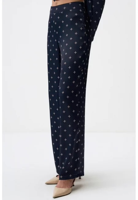Панталон с широк крачол и принт - Тъмносин