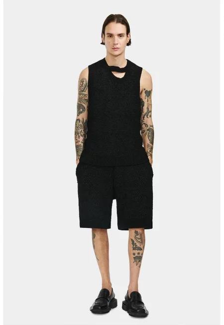 Плетена жилетка с изрязана яка - Черен