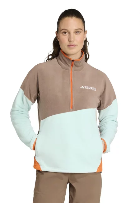 Поларен хайкинг суитшърт с къс цип - Бледозелен/Светлокафяв