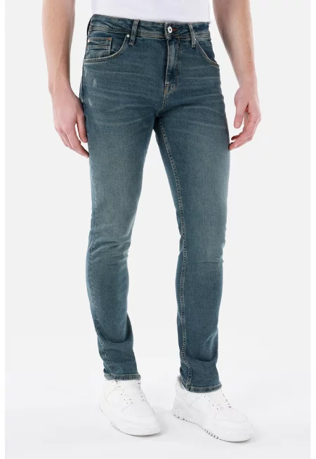 Прави дънки със захабен ефект - Петролно синьо