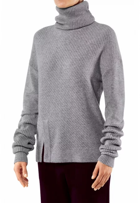 Пуловер с необработена вълна и кашмир с поло - Сив меланж