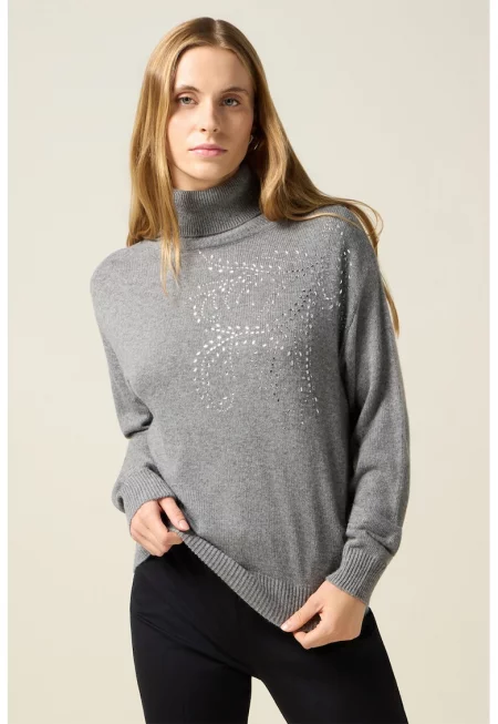 Пуловер с поло и декоративни камъни - Светло сив