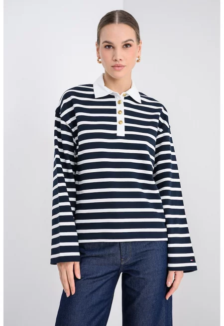 Раирана блуза с яка - Ултрамарин синьо/Мръснобял