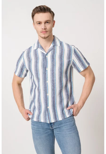 Раирана риза с лен - Бял/Тъмносин