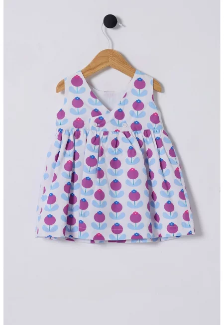 Разкроена флорална рокля с шпиц - Бял/Виолетов/Лавандула