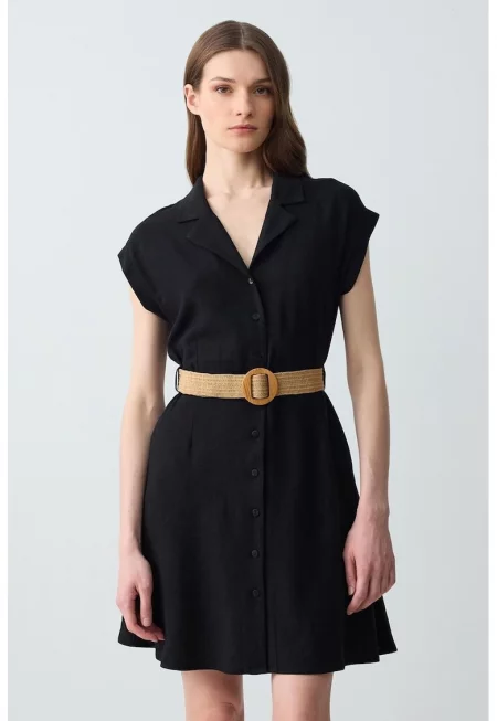 Разкроена рокля с лен и колан - Черен/Избеляло черно