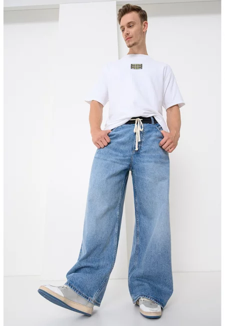 Разкроени дънки с връзка на талията - Избеляло черно/Светлосин