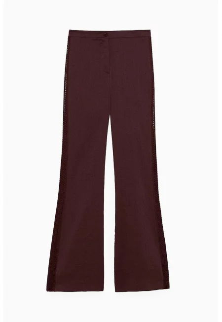 -Разкроени панталони с детайли от плетиво отстрани - Тъмночервен