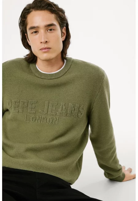 Релефен пуловер с релефно лого - Зелени аспержи