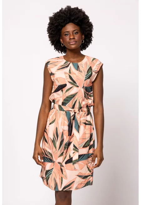 Рокля  модел VAFURDIS25 - къси ръкави - кръгло деколте - розова - 100% вискоза