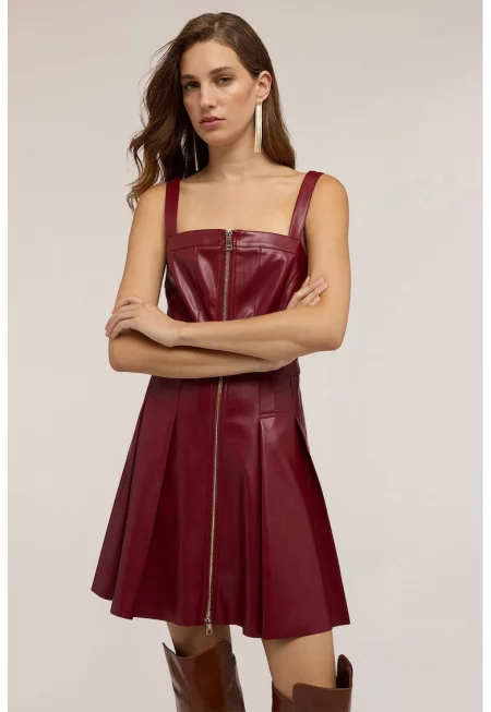 Рокля от еко кожа с цип - Бордо