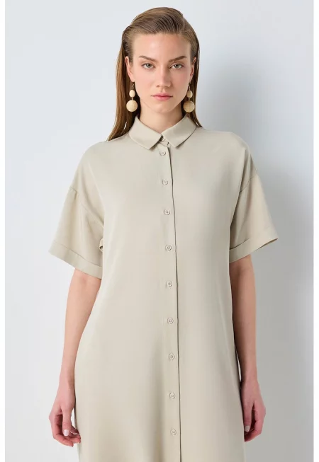 Рокля от лиосел с паднали ръкави - Бежов