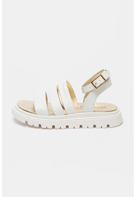 Сандали с равна платформа и каишка с тока - Бял/Златист