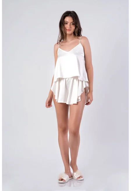 Сатинирана къса пижама с шпиц - Бял