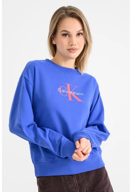 Суитшърт с паднали ръкави и лого - Индигово синьо/Аленочервен