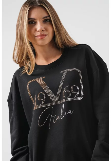 Суитшърт с памук с овално деколте - Черен/Прашно розово