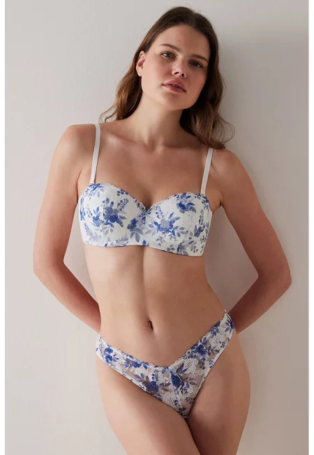 Сутиен с флорални детайли - Бял/Тъмносин