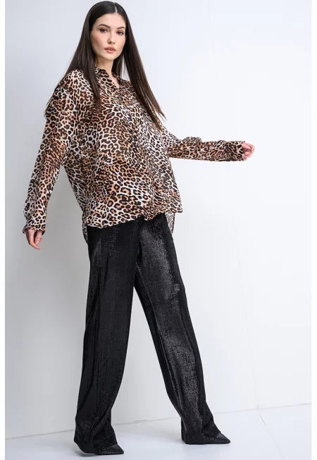 Свободна риза с животински принт - Бял/Кафяв/Черен