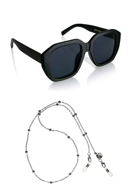 Унисекс квадратни слънчеви очила с верижка - Черен