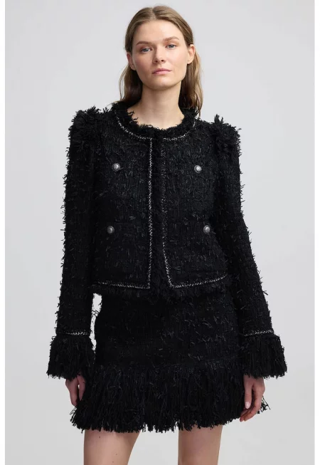 Яке с ресни и декоративни копчета - Черен/Мръснобял
