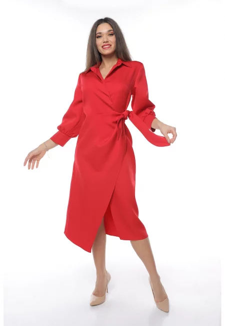 Застъпена рокля с шлиц отпред - Червен