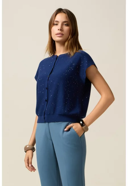 Жилетка с къси ръкави и бляскави частици - Тъмносин