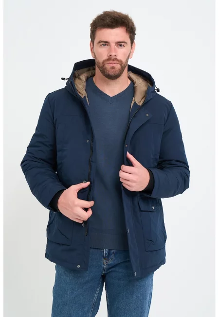 Зимно яке с качулка и джобове с капаче - Тъмносин