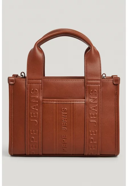Чанта от еко кожа с лого - Коняк кафяв