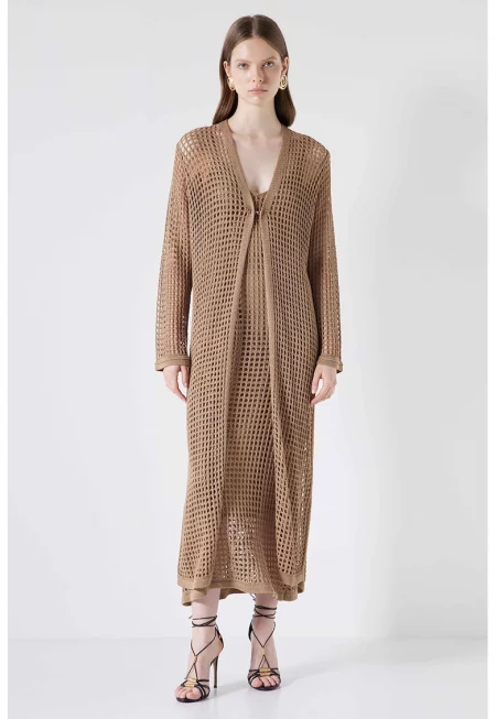 Дълга ажурена жилетка - Светлокафяв