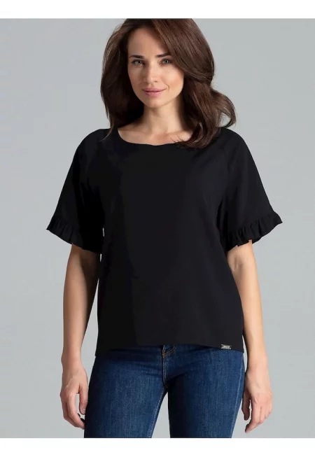 Дамска блуза  черна - къс ръкав - полукръгло деколте - нежен волан - полиестер.