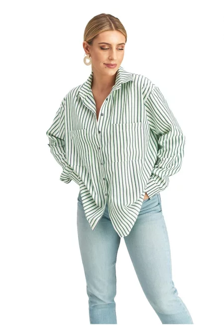 Дамска елегантна риза  модел M1024 - зелено-бели райета - полиестер и вискоза