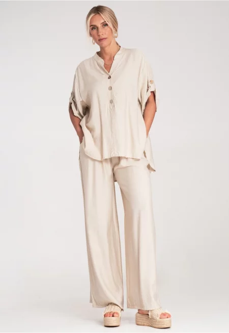Дамски костюм - блуза и панталон  бежов - две части - SM