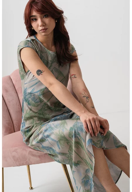 Десенирана рокля с овално деколте - Небесносин/Зелени аспержи