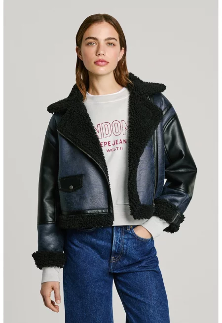 Двуредно яке от еко кожа - Черен/Тъмносин