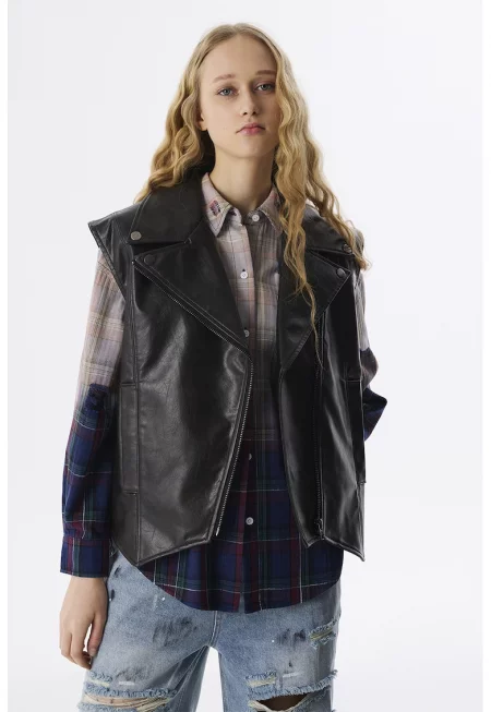 Елек от еко кожа с цип - Черен