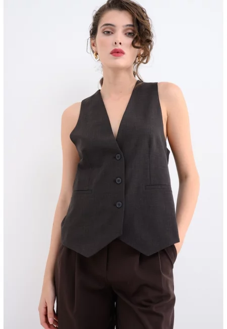 Елек с необработена вълна с копчета - Избеляло черно