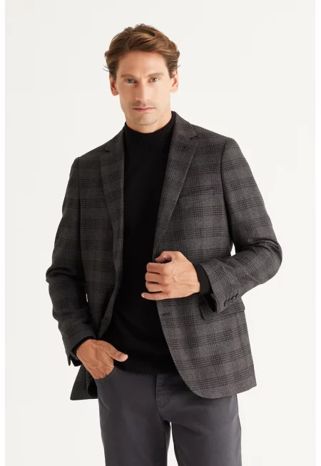 Карирано сако с джобове с капаче - Меланж тъмно сиво