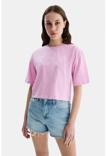 Къса памучна тениска Helena - Пастелнорозов
