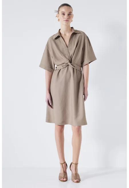 Къса рокля с лен - Сиво-кафяв