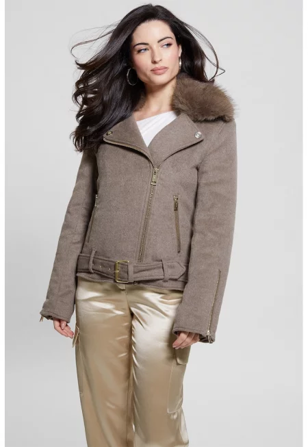 Късо палто с вълна - Сиво-кафяв