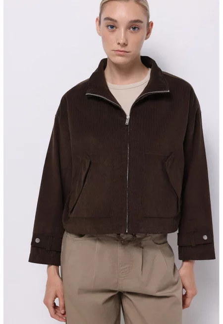 Късо свободно яке с цип - Тъмнокафяв