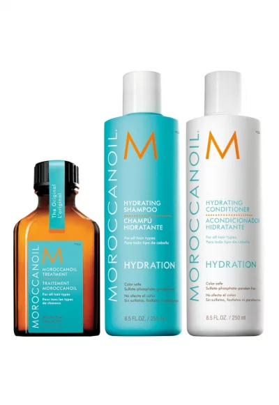 Комплект  Hydration за суха коса: Овлажняващ шампоан и балсам Moroccanoil - 250 мл + Масло Moroccanoil за всеки тип коса - 25 мл