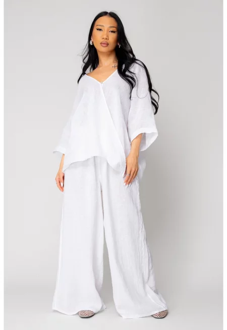 Комплект от асиметрична блуза и дълъг панталон 100% в бяло 16292 - Бял