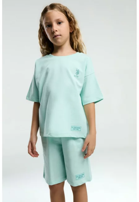 Комплект от тениска и шорти с памук - лого - 2 части - Ментово зелено