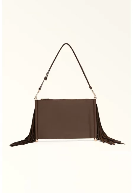 Кожена чанта за рамо с ресни - Тъмнокафяв
