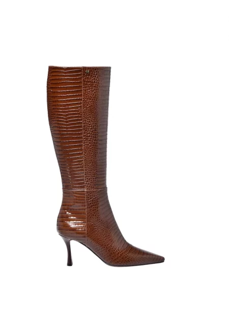 Кожени ботуши до коляното с класически ток - Кафяв