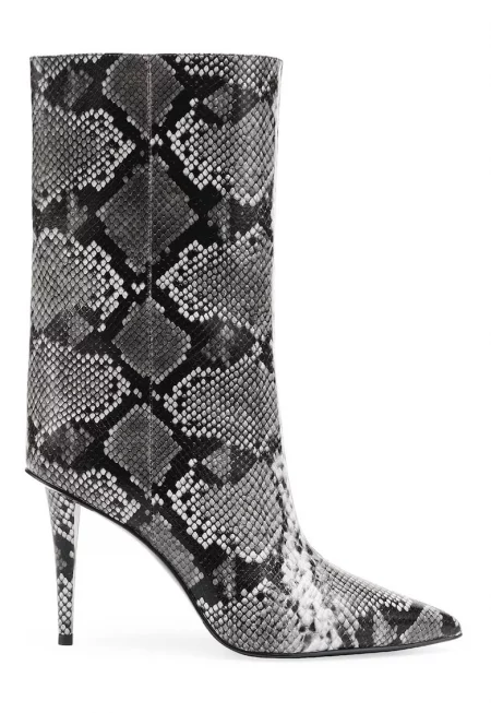 Кожени ботуши с шагрен и остър връх - Бял/Черен