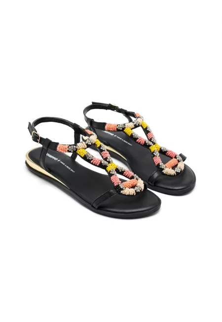 Кожени сандали с мъниста и декоративни камъни - Многоцветен