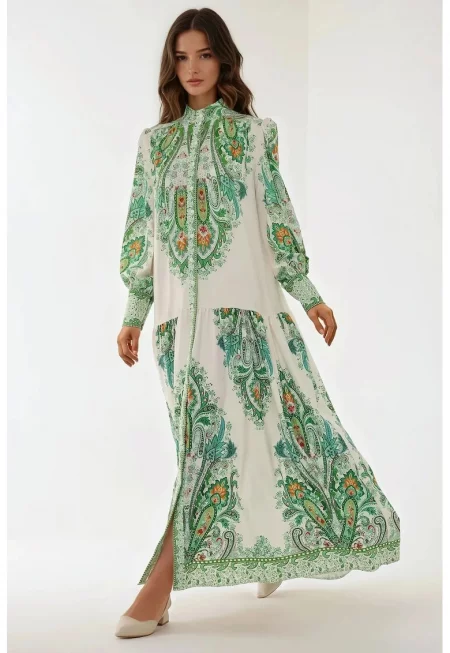 Макси рокля -  щампа - зелена - текстил