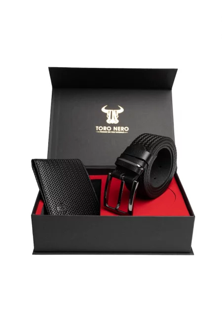 Мъжки комплект портфейл и колан - изработени от естествена кожа - черен - Изчистен